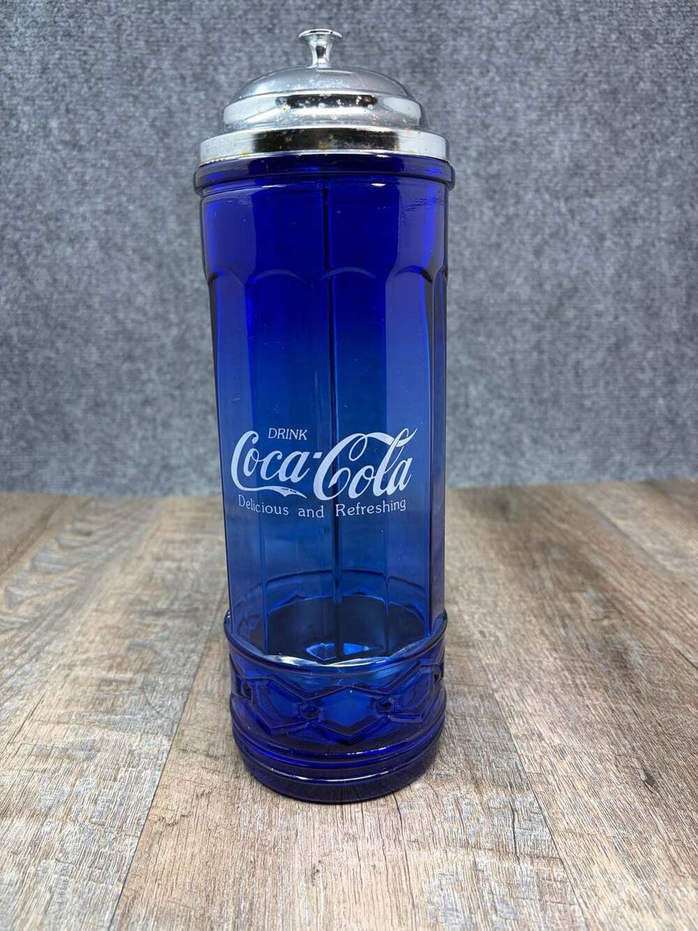 Vintage Coca-Cola Cobalt Blue Depression Glass Straw Dispenser Chrome Lid-Rare